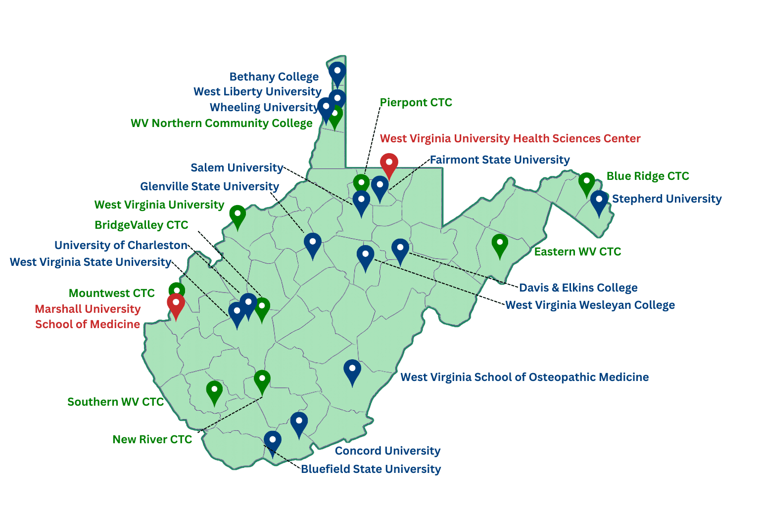 Network Institutions Map showing locations across West Virginia
